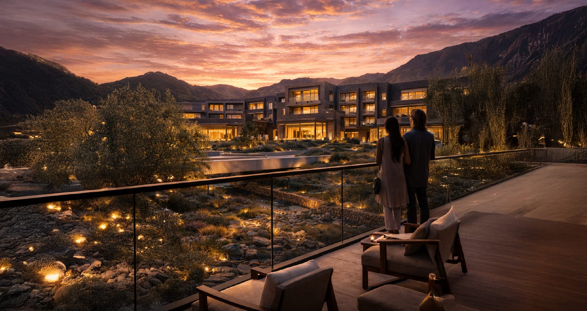 Terraza con vista al hotel y la cordillera al atardecer