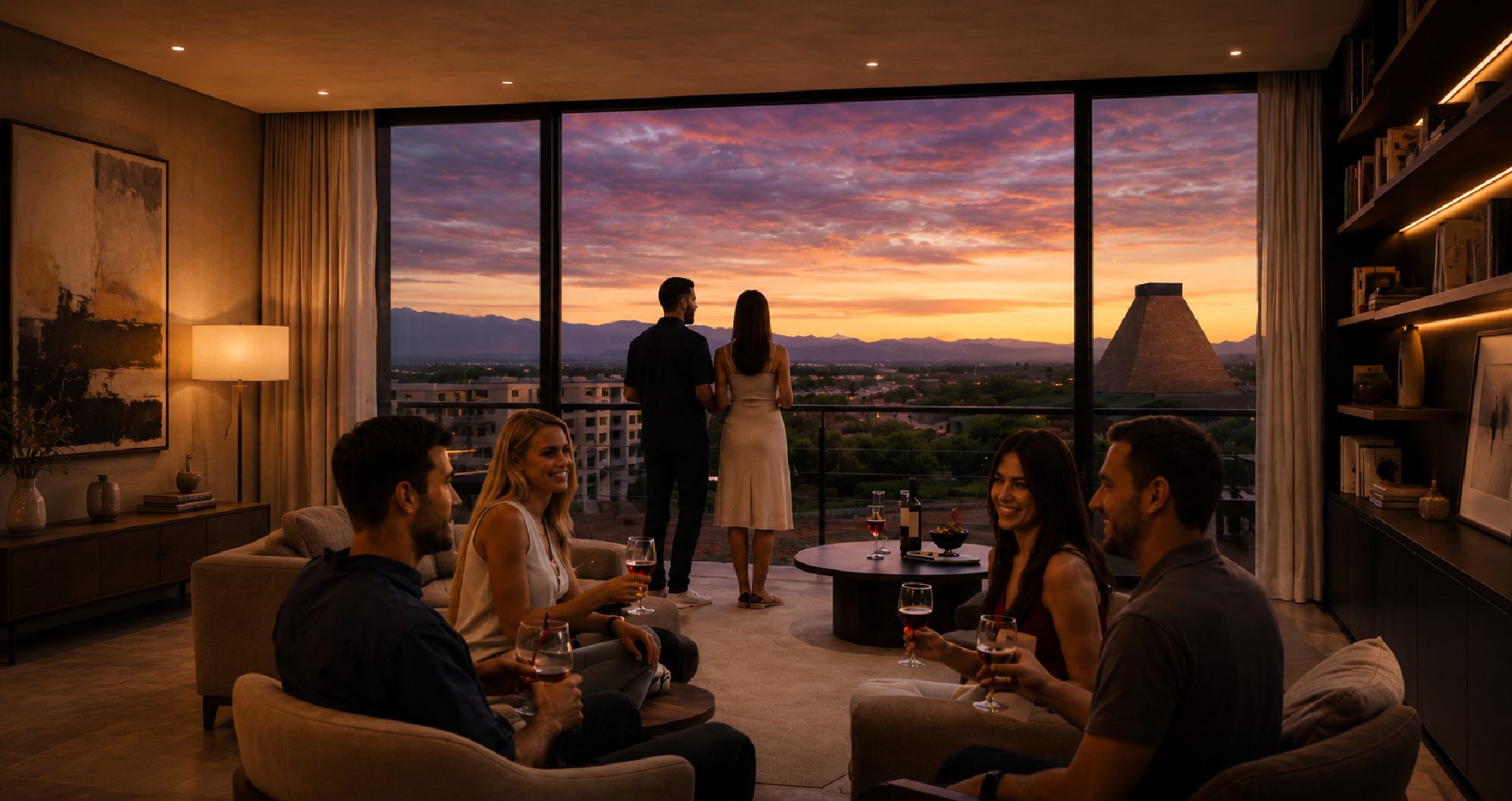 Living de una residencia con vista a la cordillera al atardecer
