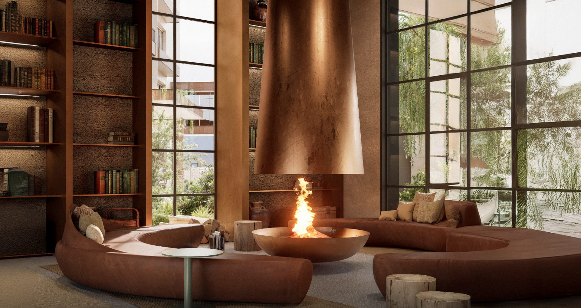 Lobby con hogar central y biblioteca