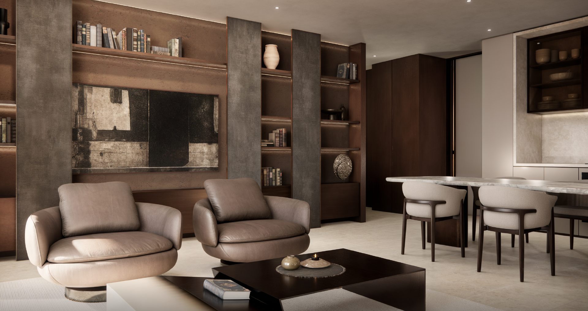 Living de una residencia con biblioteca
