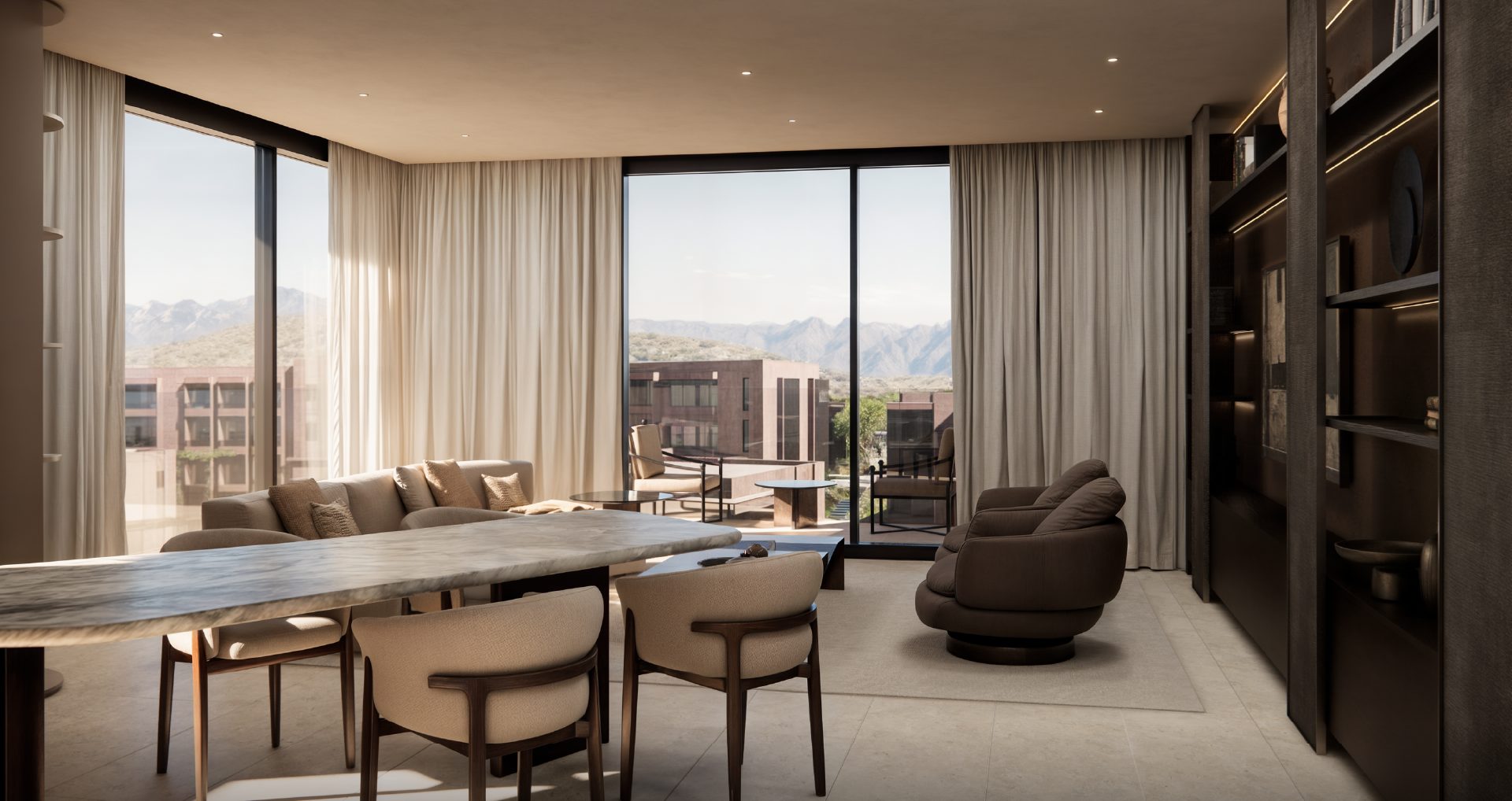 Living comedor con vista a los edificios y la cordillera