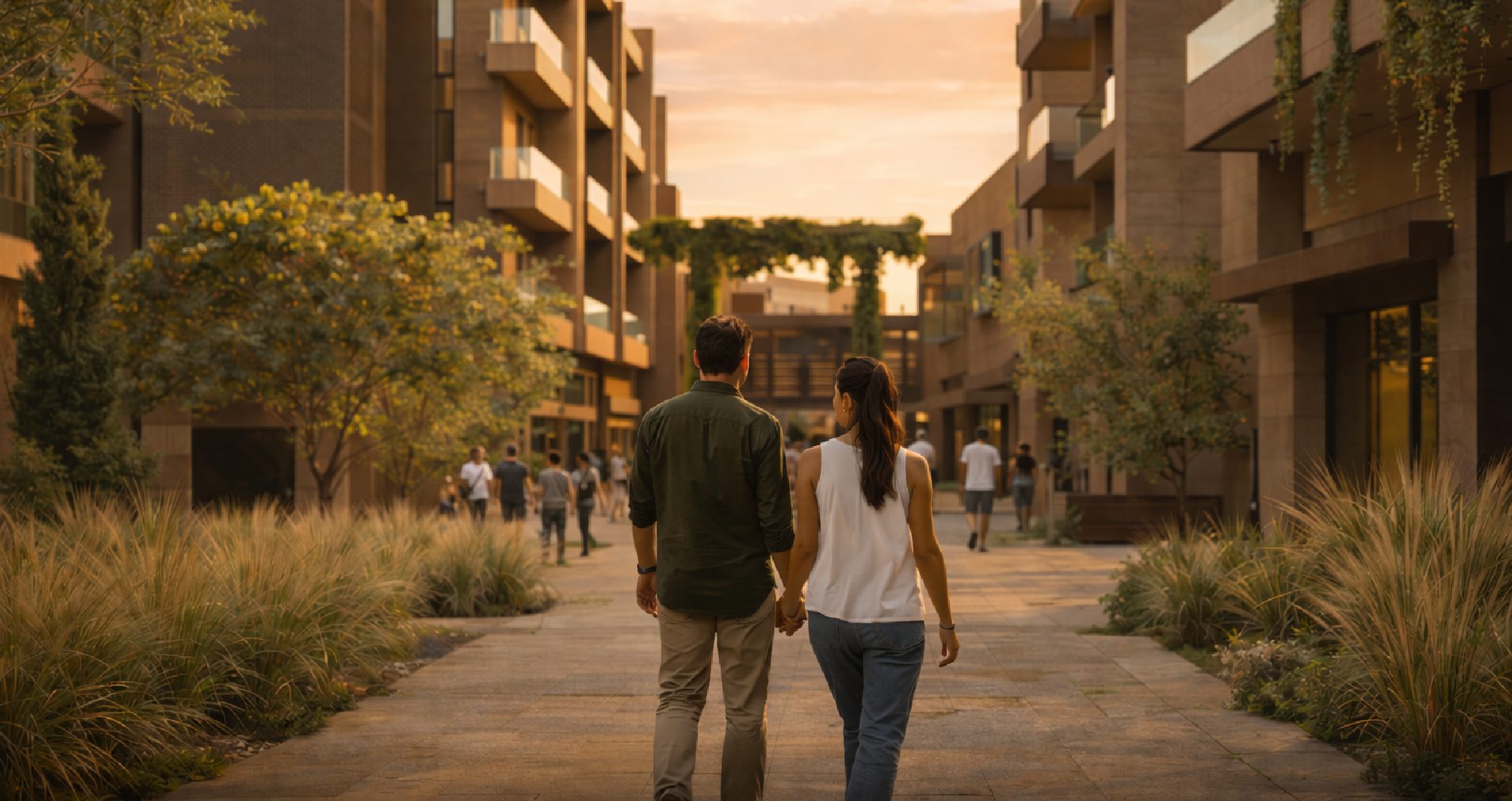 Paseo peatonal entre los edificios al atardecer