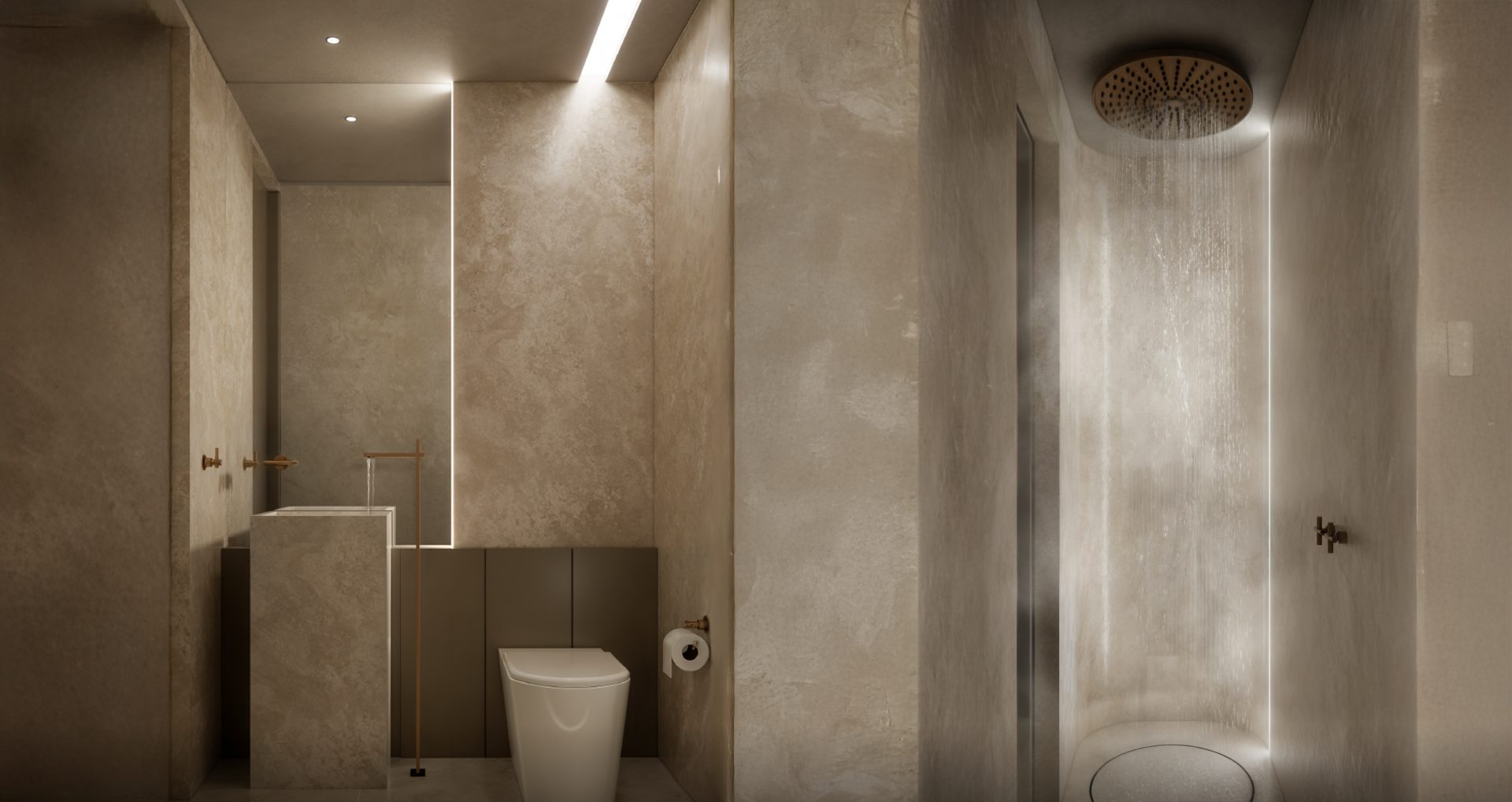 Baño con ducha y revestimiento de piedra